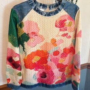 Cherry Betty top. Faux knitted pattern with a faux denim print.
